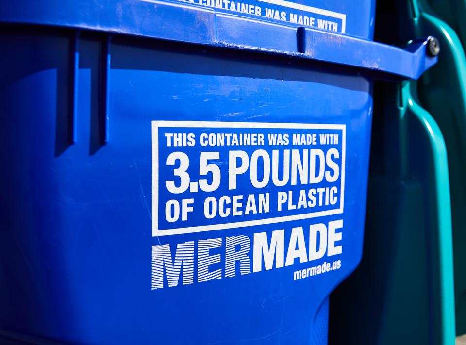 A close-up of the MerMade recycling bins, made with Oceanworks-sourced ocean plastic, launched for World Oceans Day.