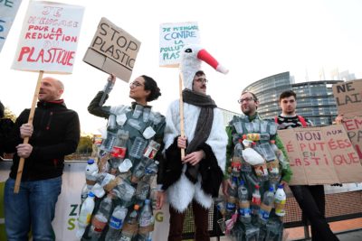 Protestors outside the European Parliament in Strasbourg, France ahead of a vote to ban single-use plastic items in October 23, 2018.