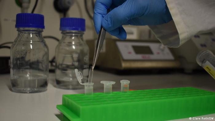 Scientists adding plastic to a test tube