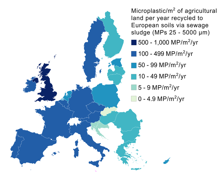 A map of Europe with the farm soil microplastic concentrations highlighted in shades of blue.