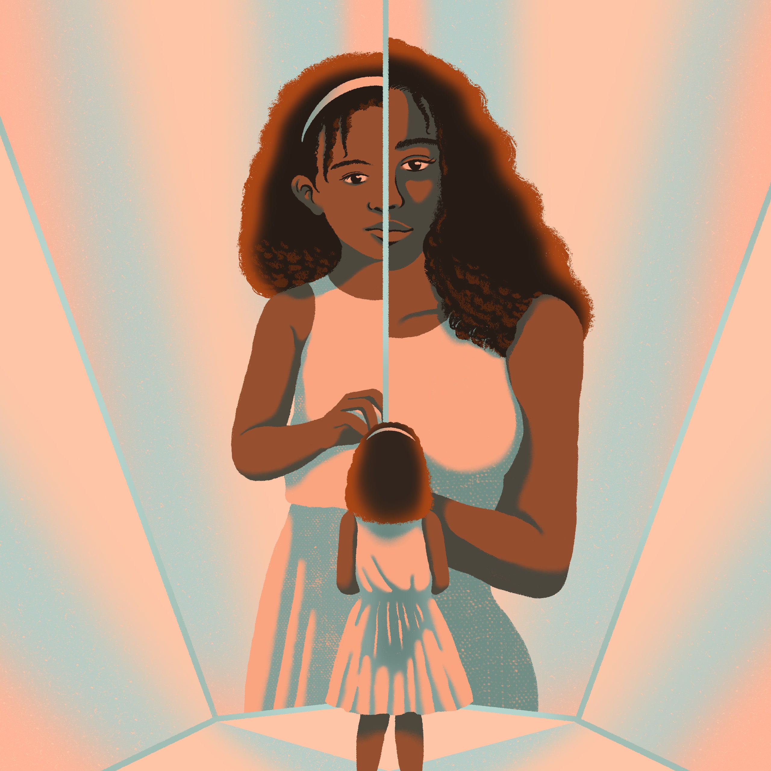 Illustration of a girl looking in a fractured mirror one side shows an older version of herself on the other a younger...