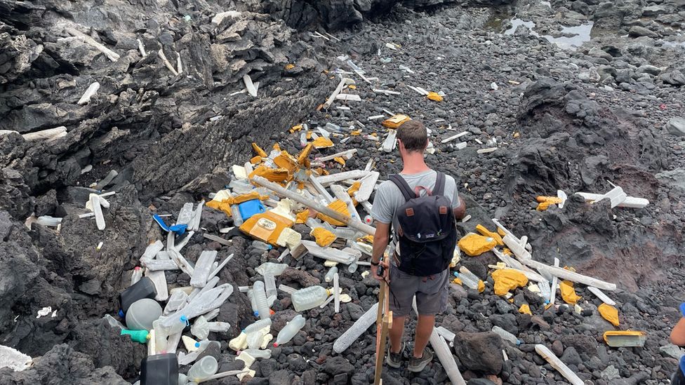 Image of plastic waste on Ascension Island shore.