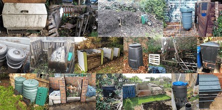 A composite image of lots of different compost bins in different gardens.