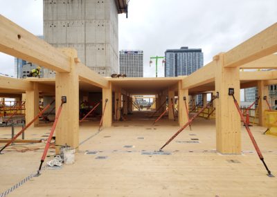 Laminated timber beams and floors used in the construction of Ascent, a 25-story apartment building in Milwaukee. 