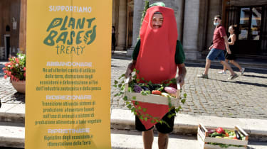 A man in a carrot outfit stands next to a plant-based treaty sign while holding vegetables