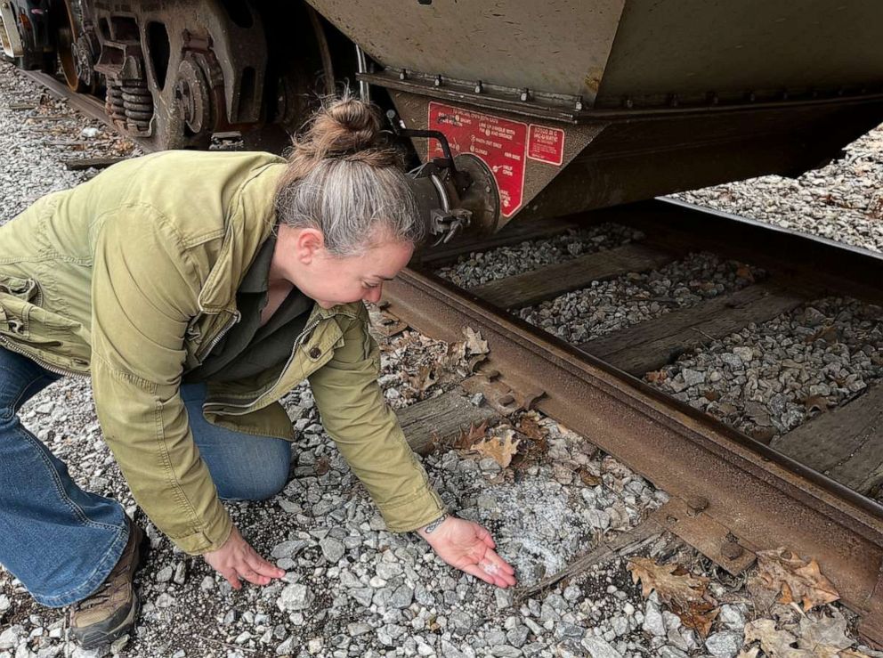 PHOTO: Penn State University researcher Sherri Mason is shown holding up plastic pellets that fell onto the train tracks in Erie, Pa.