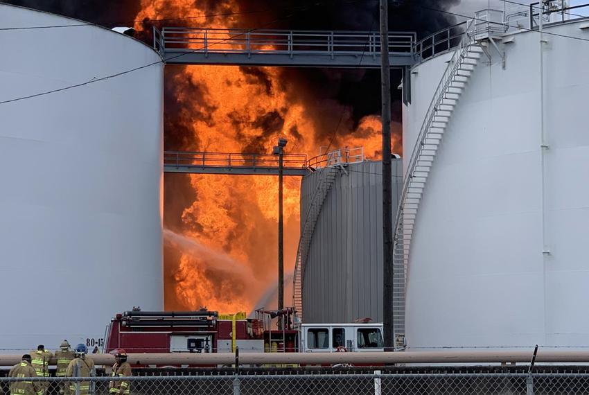 Firefighters struggle to extinguish the towering flames pouring out of ITC’s tank 80-8 on the afternoon of March 17, 2019. The fire would blow through the entire “2nd 80’s” section of the facility.