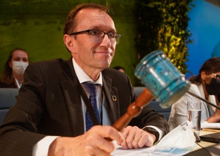 The United Nations Environment Programme president, Espen Barth Eide, wields a recycled-plastic gavel at the Paris talks.